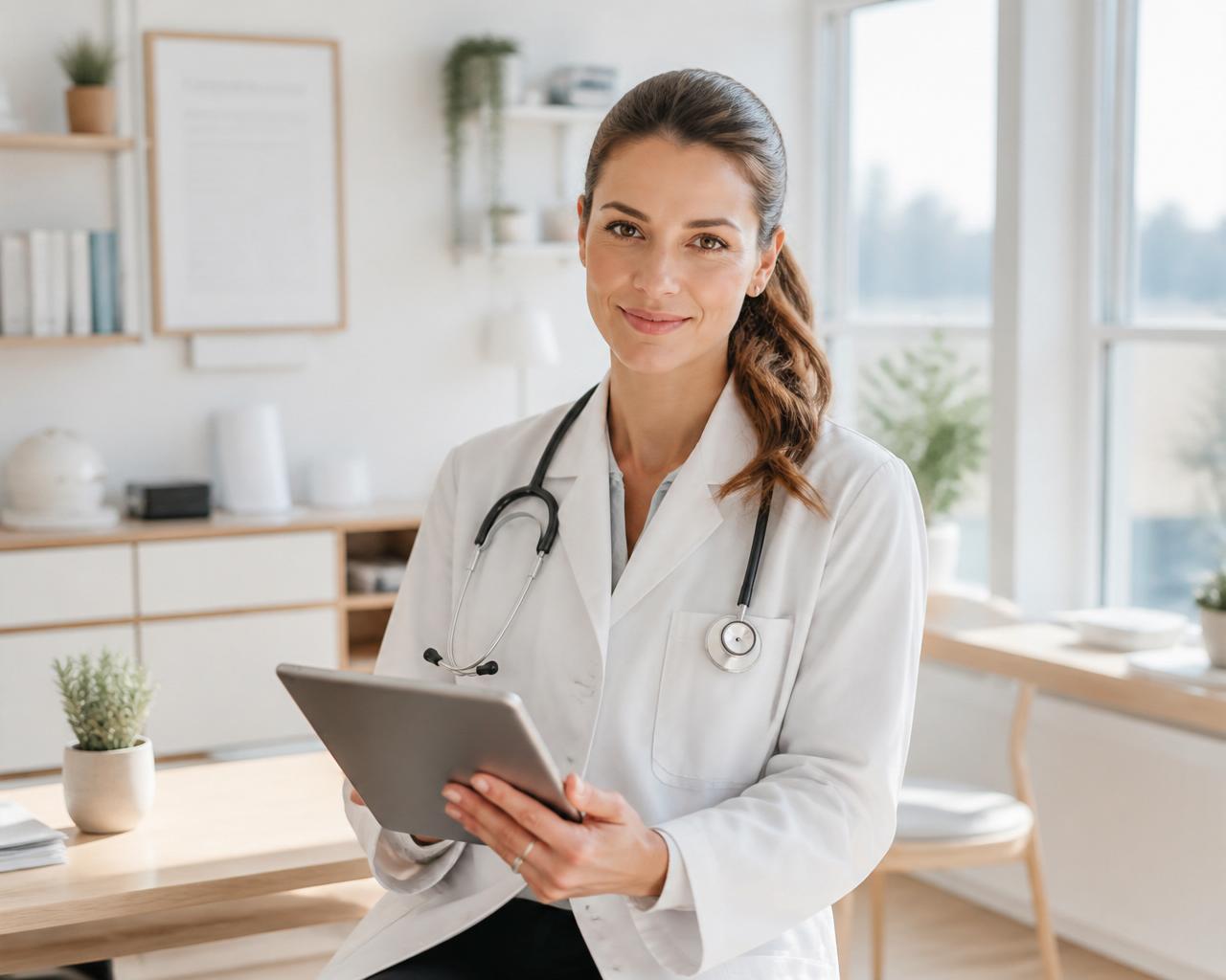 Professionnelle de santé libérale en cabinet avec une tablette
